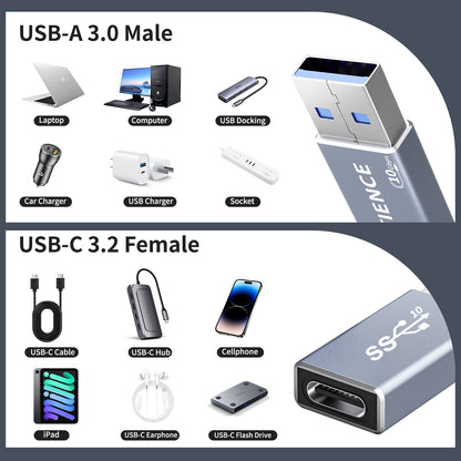 ULTIENCE USB A to USB C Adapter: 10Gbps Both Sides, 60W USB 3.2 Converter, Compatible with Apple/iPhone/Car/Samsung